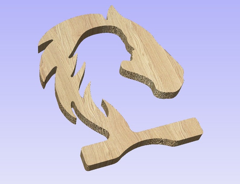 May include: Wooden horse head cutout with a stylized mane. The horse head is facing to the left and the mane is flowing behind it. The cutout is made of light brown wood.