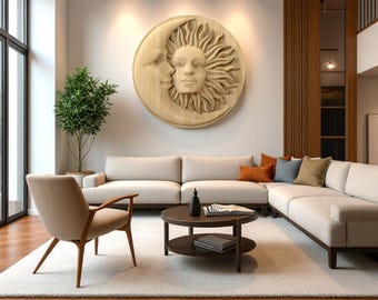 May include: A living room with a large, light-colored sectional sofa, a round coffee table, and a wooden chair. A large, circular wooden carving of the sun and moon hangs on the wall. A small tree is in the corner, and the room has a large window.