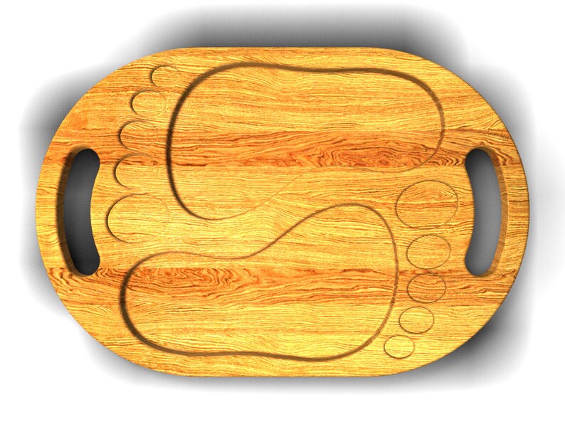 May include: A wooden cutting board with two foot-shaped impressions. The board has two handles on the sides.