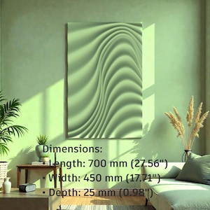 May include: A green abstract wall art piece with a wavy design, displayed in a room with a sofa, plants, and a window. The artwork is 27.56 inches long, 17.71 inches wide, and 0.98 inches deep.