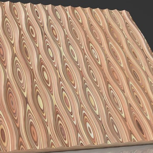 May include: A wavy, textured wood panel with a swirling pattern of brown, red, and cream colors.