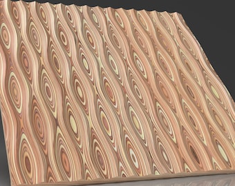 May include: A wavy, textured wood panel with a swirling pattern of brown, red, and cream colors.