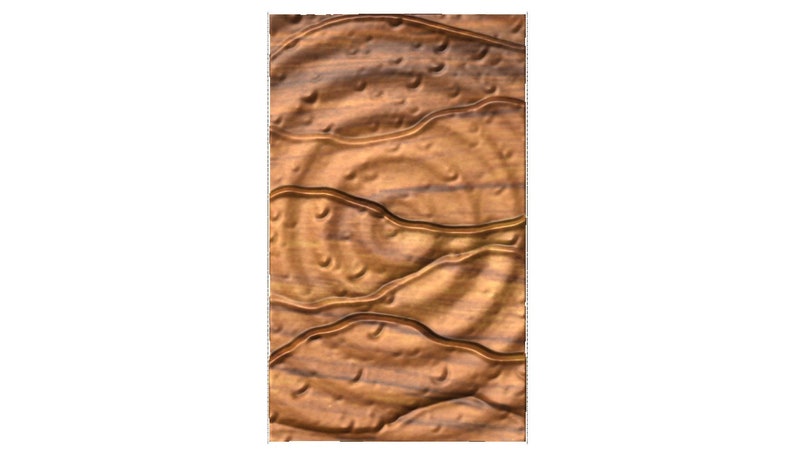 May include: A close-up of a wood panel with a swirling, textured pattern. The wood is a rich brown color with a glossy finish.