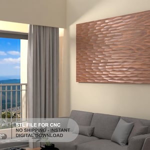 May include: A large, rectangular, wooden wall art piece with a textured, wave-like pattern. The artwork is a warm, reddish-brown color and hangs above a gray sofa in a living room setting. The image also includes a window with a view.