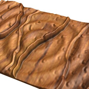 May include: A close-up of a textured, brown, wooden surface with a wavy, rippled pattern. The surface has a natural, organic look and feel.