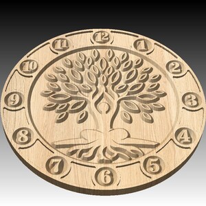 May include: A round wooden clock with a carved tree of life design. The clock face features a tree with roots and branches, surrounded by the numbers 1 through 12. The clock is made of light-colored wood.