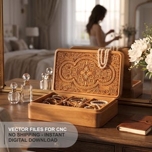 May include: A rectangular wooden jewelry box with a hinged lid featuring intricate carved floral and geometric patterns. The open box contains multiple compartments holding various bracelets and necklaces, including a strand of white pearls.