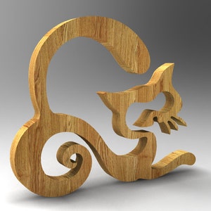 May include: A wooden cat-shaped decorative item. The cat is depicted in a playful pose, with its tail curled and its head turned. The wood has a natural grain pattern, and the item is likely a decorative piece for a home or office.