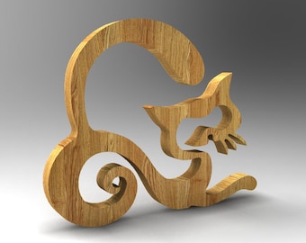 May include: A wooden cat-shaped decorative item. The cat is depicted in a playful pose, with its tail curled and its head turned. The wood has a natural grain pattern, and the item is likely a decorative piece for a home or office.