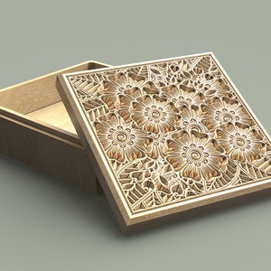 May include: A wooden box with a carved floral design on the lid. The lid is open, revealing the empty interior of the box.