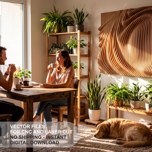 Peut inclure: Une grande œuvre d'art murale rectangulaire présentant un design en bois stratifié ondulé en trois dimensions. L'œuvre est fixée au mur et affiche une série de lattes verticales incurvées qui créent un motif rythmique et ondulant en tons bois naturel.