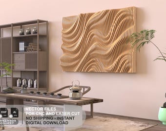 May include: A rectangular wooden wall art piece featuring a three-dimensional wavy, rippled texture. The design consists of vertical slats creating a fluid, undulating pattern. Text on the image reads: VECTOR FILES FOR CNC AND LASER CUT.