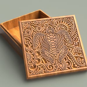May include: A wooden box with a carved turtle design on the lid. The box is open and the inside is visible. The turtle is surrounded by intricate floral patterns.