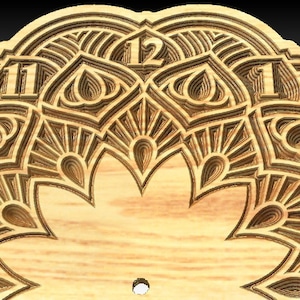 May include: A wooden clock face with intricate, layered, geometric designs. The numbers 11, 12, and 1 are visible. The clock face is made of light brown wood with a darker brown design.
