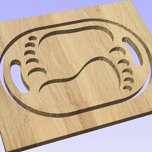 May include: A wooden cutting board with a carved design of a footprint. The footprint is outlined in a dark brown color and has a textured surface.