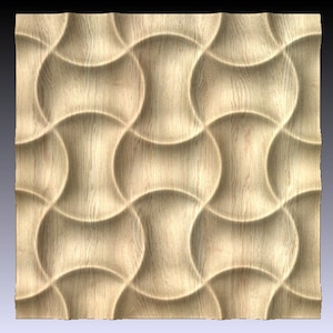 May include: A wood wall panel with a repeating pattern of curved shapes. The panel has a light brown color and a natural wood grain.