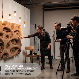 May include: A large, light brown, layered wooden wall art piece with an abstract, organic, topographic design featuring deep, hollowed-out cavities. The text reads: VECTOR FILES FOR CNC AND LASER CUT, NO SHIPPING - INSTANT DIGITAL DOWNLOAD.