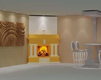 May include: A yellow and white fireplace with a roaring fire inside. The fireplace is in a room with beige walls and a wooden wall sculpture. There is a white table and chairs in the corner of the room.