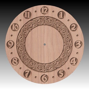 May include: A wooden clock face with a decorative design and Roman numeral hour markers. The clock face is light brown and has a circular shape.