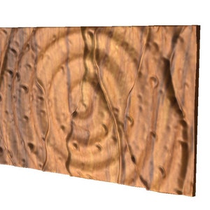 May include: A wooden wall panel with a textured, swirling pattern. The panel is a light brown color with darker brown accents.