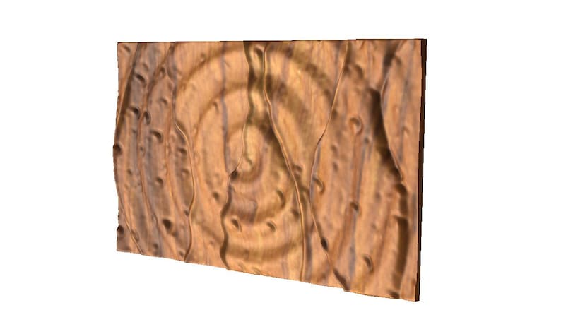 May include: A wooden wall panel with a textured, swirling pattern. The panel is a light brown color with darker brown accents.