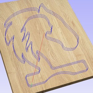 May include: A detailed outline of a horse's head is carved into a piece of wood. The outline is repeated multiple times, creating a layered effect.