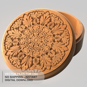 May include: A round wooden box with a detailed floral pattern carved into the lid. The box is light brown and has a natural wood grain. The text "VECTOR FILES FOR CNC" and "DIGITAL DOWNLOAD" is visible.