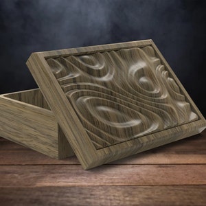 May include: A wooden box with a carved lid. The lid features a swirling pattern of wood grain. The box is open and the inside is visible.