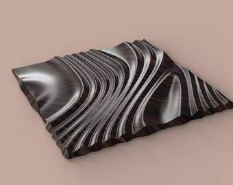 May include: A dark wood decorative wall panel with a wavy, rippled design. The panel has a glossy finish and a 3D effect.