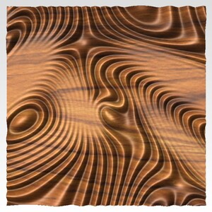 May include: A brown wood panel with a carved pattern of concentric circles and wavy lines.