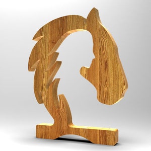May include: Wooden horse head sculpture with a detailed grain pattern. The horse's head is carved in profile, with a flowing mane and a simple base.