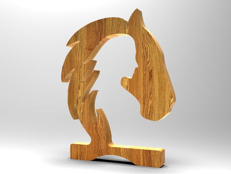 May include: Wooden horse head sculpture with a detailed grain pattern. The horse's head is carved in profile, with a flowing mane and a simple base.