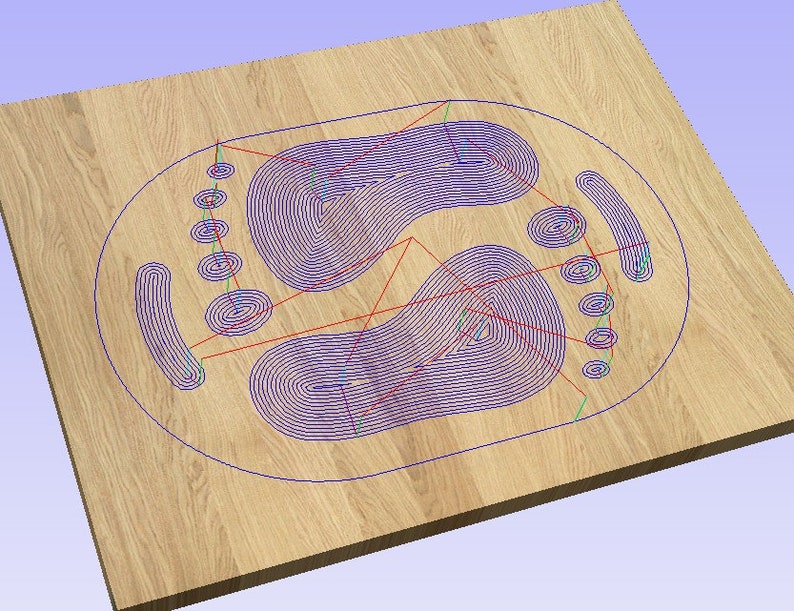 May include: A close-up of a wooden surface with a blue and red design. The design is a series of concentric circles and lines that create a pattern resembling a footprint.
