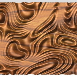 May include: A brown wood panel with a swirling, abstract pattern carved into the surface. The pattern is reminiscent of flowing water or a rippling pond.
