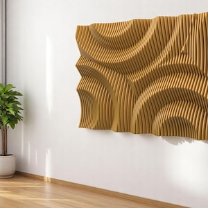 May include: A large, abstract wall sculpture made of wood. The sculpture is made up of many thin, curved pieces of wood that are arranged in a geometric pattern. The sculpture is painted a light brown color.