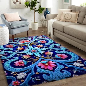 Blue Flower Latch Hook Kits, Large Latch Hook Rug Kit for Adults Latch Hook Kits with Printed Canvas - Personalized Rug Kits for Entryways