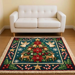May include: A rectangular Christmas rug with a teal background and a fringed border. The rug features a Christmas tree design with reindeer, angels, bells, stars, candy canes, and poinsettias. The rug is placed in front of a white sofa.