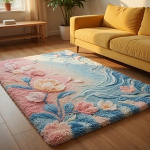 May include: A rectangular floral rug with a gradient of pink, blue, and white. The rug features raised, textured flowers in pink and cream, with blue leaves and stems. The rug is placed on a wooden floor.