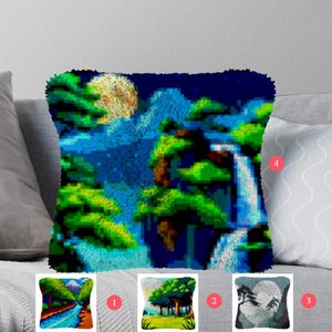 Latch Hook Kits Make Your Own Cushion Natural scenery Pre-Printed Canvas Crochet Pillow Case Latch Hook Cushion Cover Hobby & Crafts