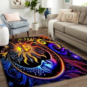 Celestial Harmony: Handcrafted Latch Hook Rug, Sun and Moon Designs, Perfect for Bringing Celestial Charm into Your Home