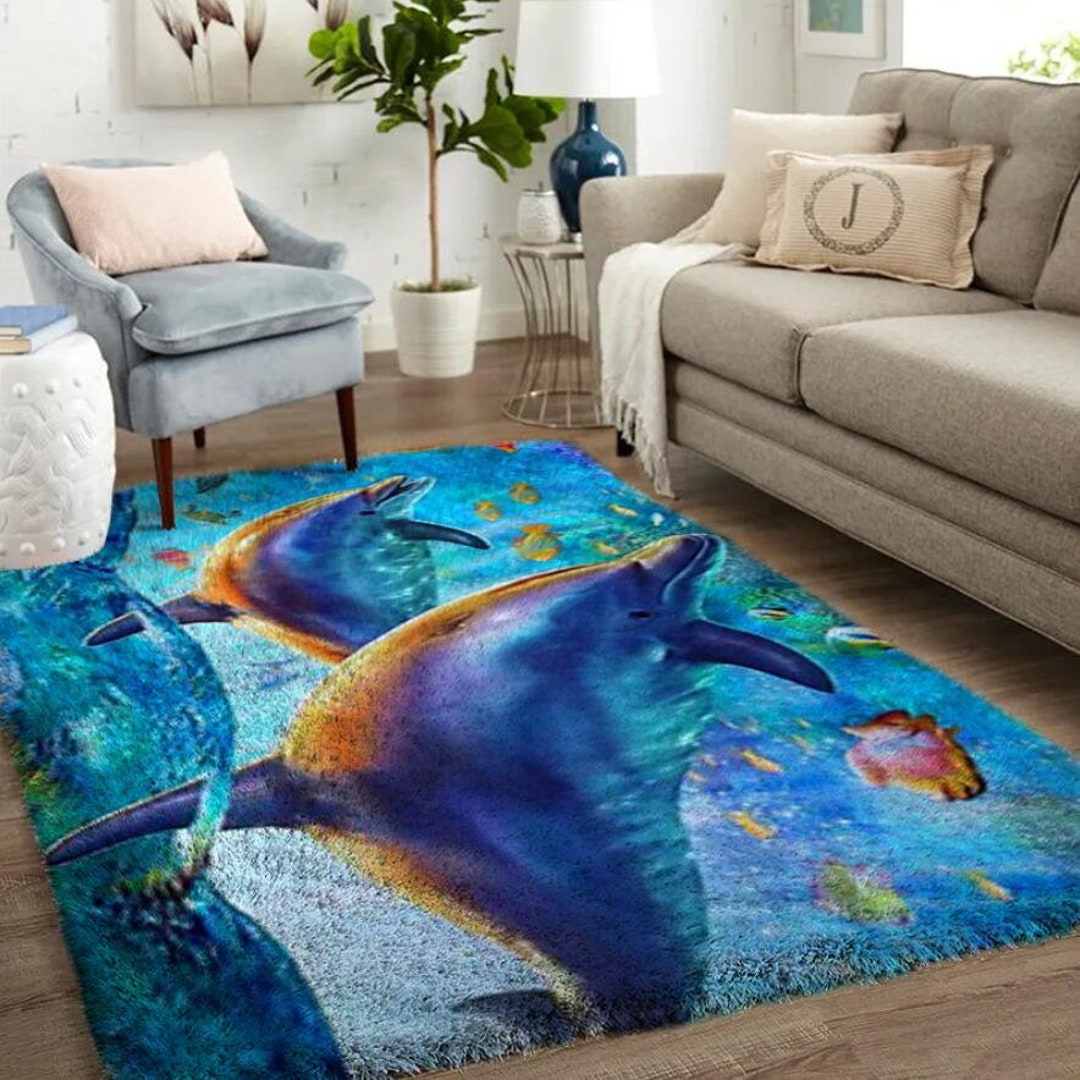 Dolphin Rug: Vibrant Ocean Life Pattern, DIY Wool Crochet (33x24 In) - Etsy