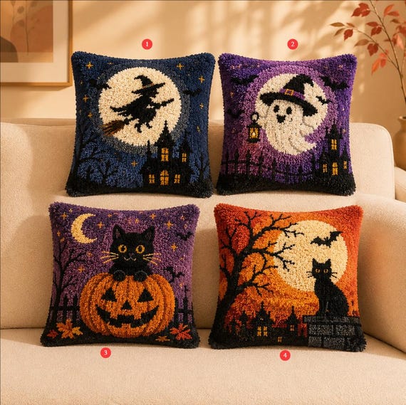 Halloween Latch Hook Pillow Kit | Witch, Black Cat, Ghost Designs (DIY Craft)