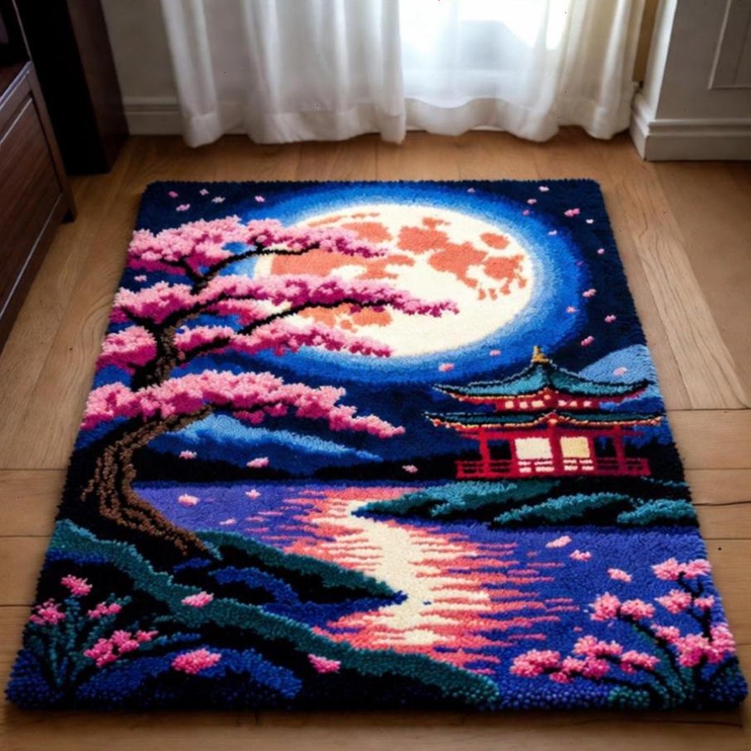Japanese Latch Rug Cherry Blossom Moon Latch Hook Rug Kit – Japanese Sakura Full Moon ...