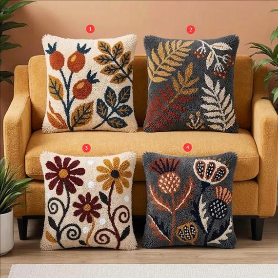Retro Floral Latch Hook Pillow Kit, Boho Botanical DIY Craft, Beginner Throw Pillow