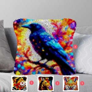 May include: A colorful throw pillow with a psychedelic design featuring a blue bird perched on a branch. The pillow is made of a soft, plush material and is perfect for adding a touch of whimsy to any room.