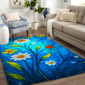 Décoration d'intérieur à faire soi-même avec fleurs bleues : kits de loquets de tapis personnalisés, grand kit de tapis à loquets pour adultes, kits de loquets avec toile imprimée