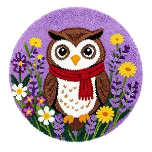 May include: A round, handcrafted owl rug with a purple background. The owl has brown and white feathers, large eyes, and a red scarf. It is surrounded by colorful flowers, including yellow and white daisies, and purple lavender.
