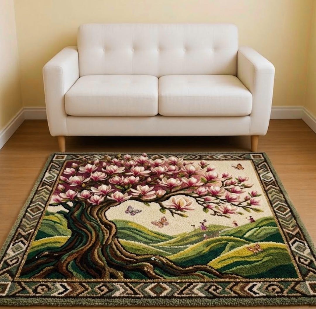 Japanese Latch Rug Cherry Blossom Tree Rug, Japanese Style Latch Hook Rug, Pink Magnolia ...