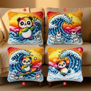 Latch Hook Pillow Kit, Panda Wave Ocean Sunset DIY Cushion, Wool Craft Supplies