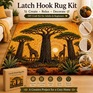 May include: A latch hook rug kit featuring a savanna landscape with two giraffes, large baobab trees, and a bright sun. The kit includes a cardboard box, pre-printed canvas, wooden latch hook tool, and various colors of premium yarn for crafting.